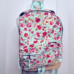 No Boundaries teal backpack w/ pink rose flower design faux leather